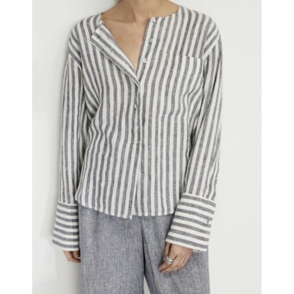Everlane Women's 16 Linen Popover Shirt in Bone and grey stripes long sleeve top